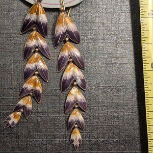Dangle Leaf Earrings purple Enamel Sterling Silver Vermeil Gold Plate Estate Vtg